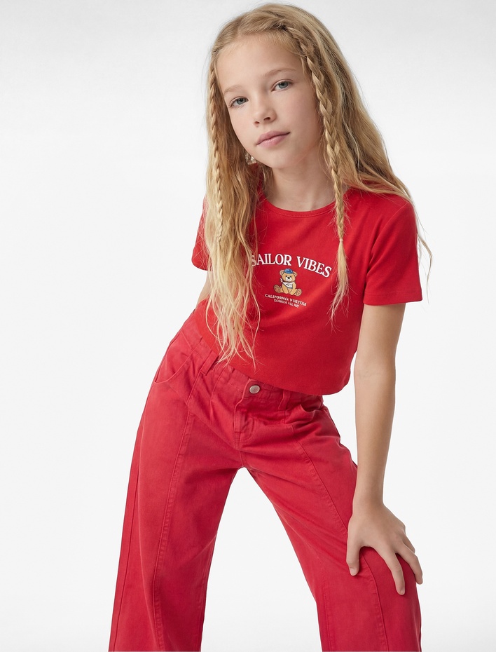 Kız Çocuk Ribanalı Kısa Kollu Bisiklet Yaka Baskılı Crop Tişört