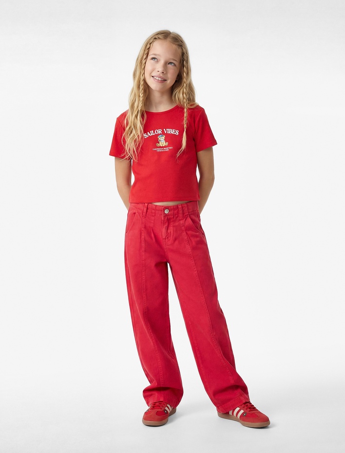 Kız Çocuk Ribanalı Kısa Kollu Bisiklet Yaka Baskılı Crop Tişört