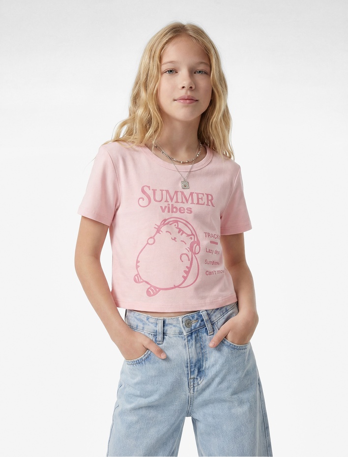 Kız Çocuk Pamuklu Kısa Kollu Bisiklet Yaka Baskılı Tişört