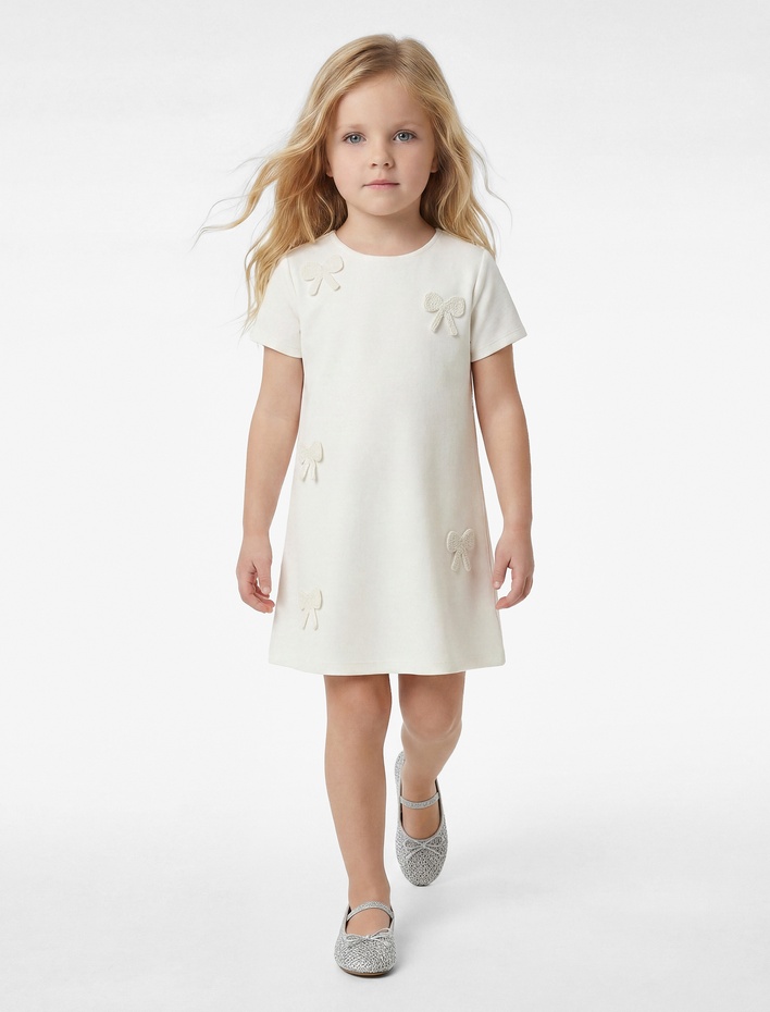 Kız Bebek Kısa Kollu Bisiklet Yaka Viskon Karışımlı Fiyonklu Elbise