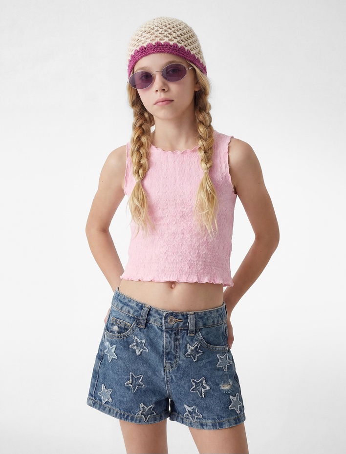 Kız Çocuk Kolsuz Bisiklet Yaka Bürümcük Kumaş Atlet