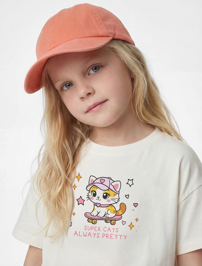 Kız Bebek Pamuklu Kısa Kollu Bisiklet Yaka Kedi Baskılı Tişört