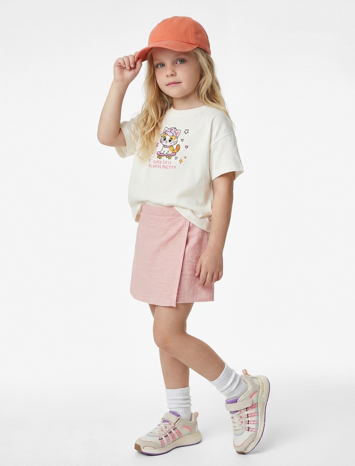 Kız Bebek Pamuklu Kısa Kollu Bisiklet Yaka Kedi Baskılı Tişört