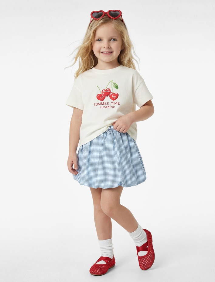 Kız Bebek Pamuklu Kısa Kollu Bisiklet Yaka Kalpli Kiraz Baskılı Tişört