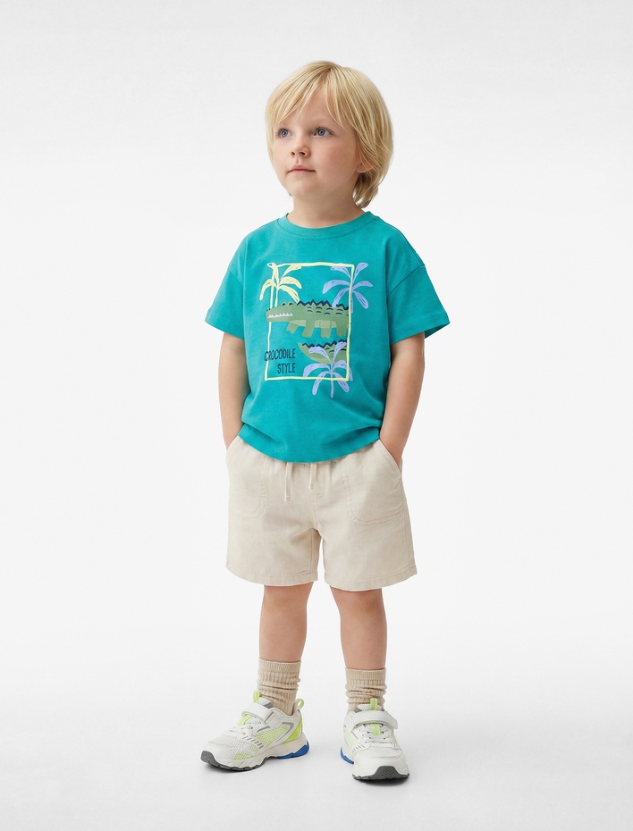 Erkek Bebek Kısa Kollu Pamuklu Bisiklet Yaka Baskılı Oversize Tişört