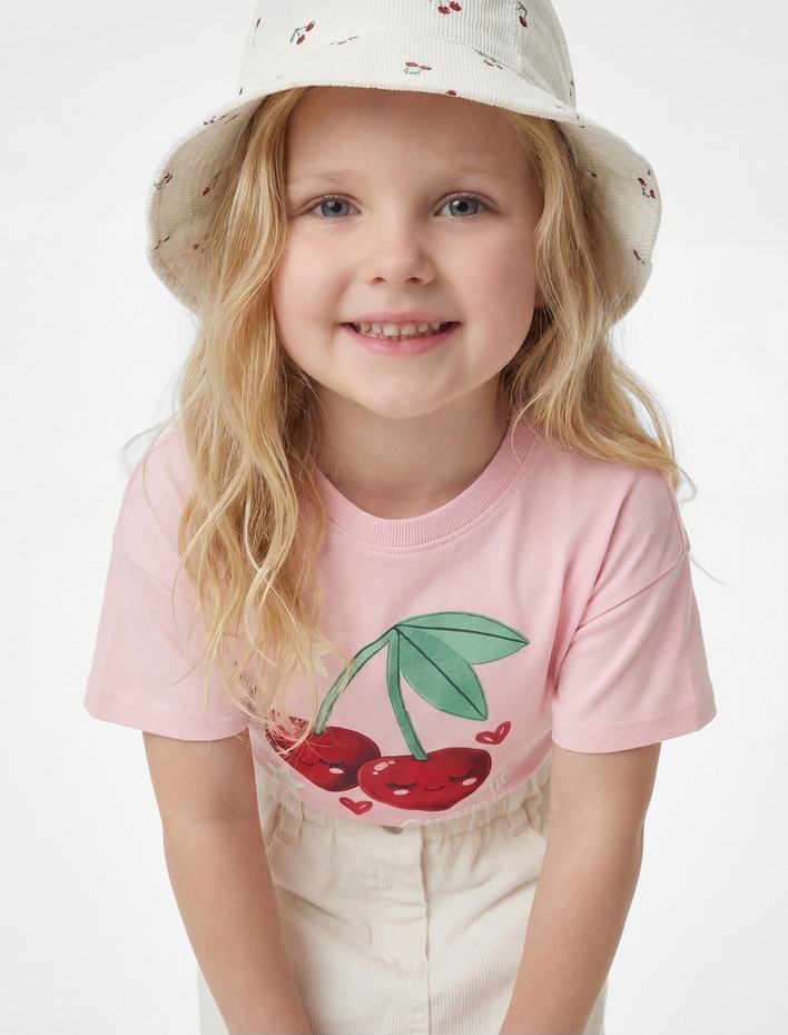 Kız Bebek Pamuklu Baskılı Kısa Kollu Bisiklet Yaka Tişört