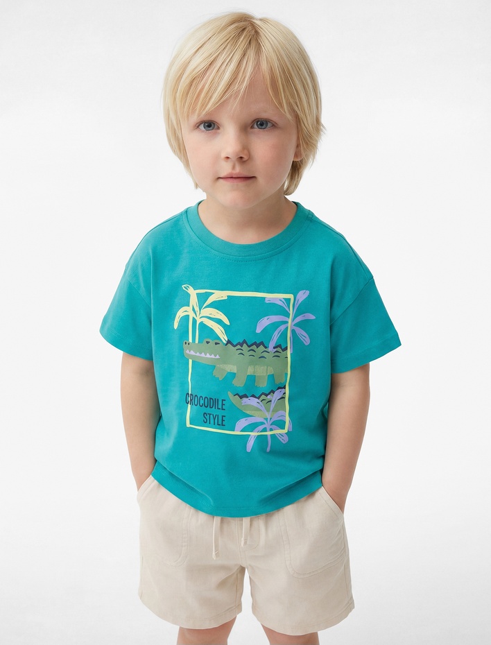 Erkek Bebek Kısa Kollu Pamuklu Bisiklet Yaka Baskılı Oversize Tişört