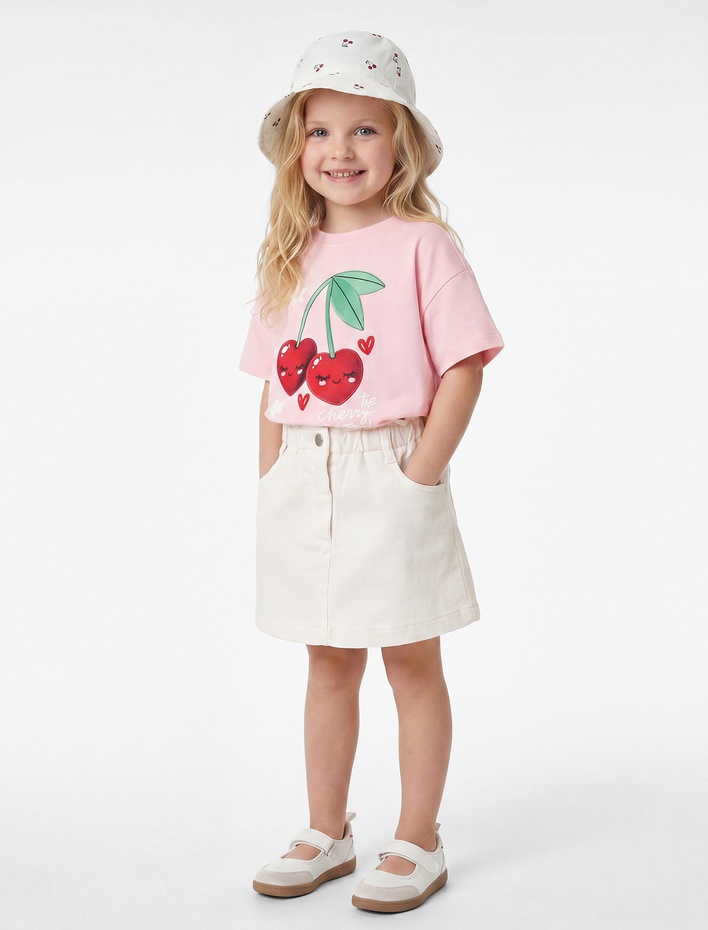 Kız Bebek Pamuklu Baskılı Kısa Kollu Bisiklet Yaka Tişört