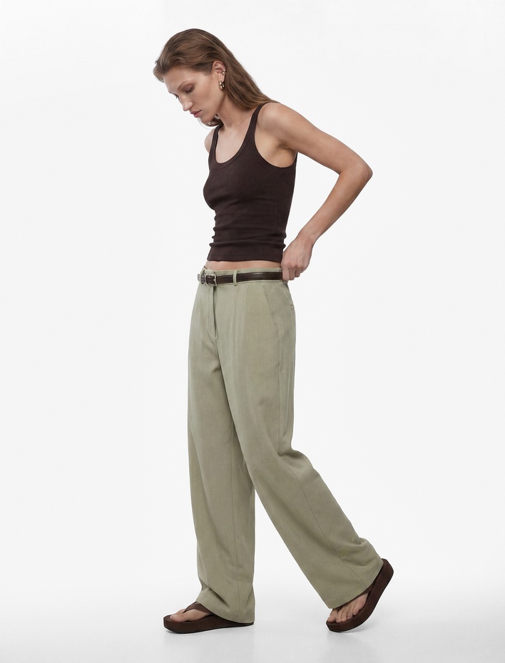  Modal Kumaş Cepli Pile Detaylı Kemerli Geniş Paça Palazzo Pantolon