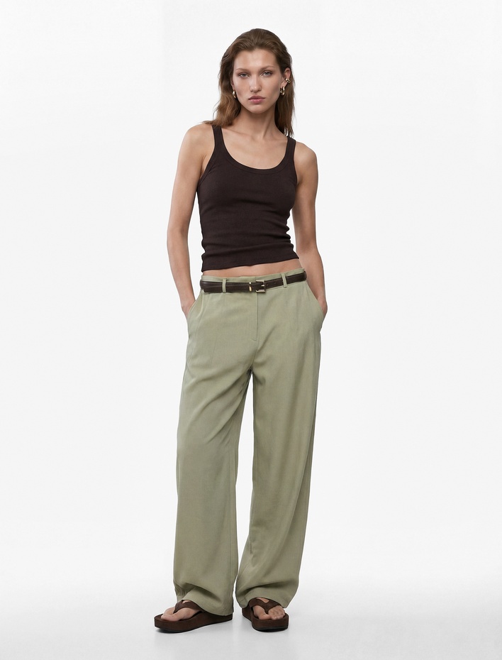  Modal Kumaş Cepli Pile Detaylı Kemerli Geniş Paça Palazzo Pantolon