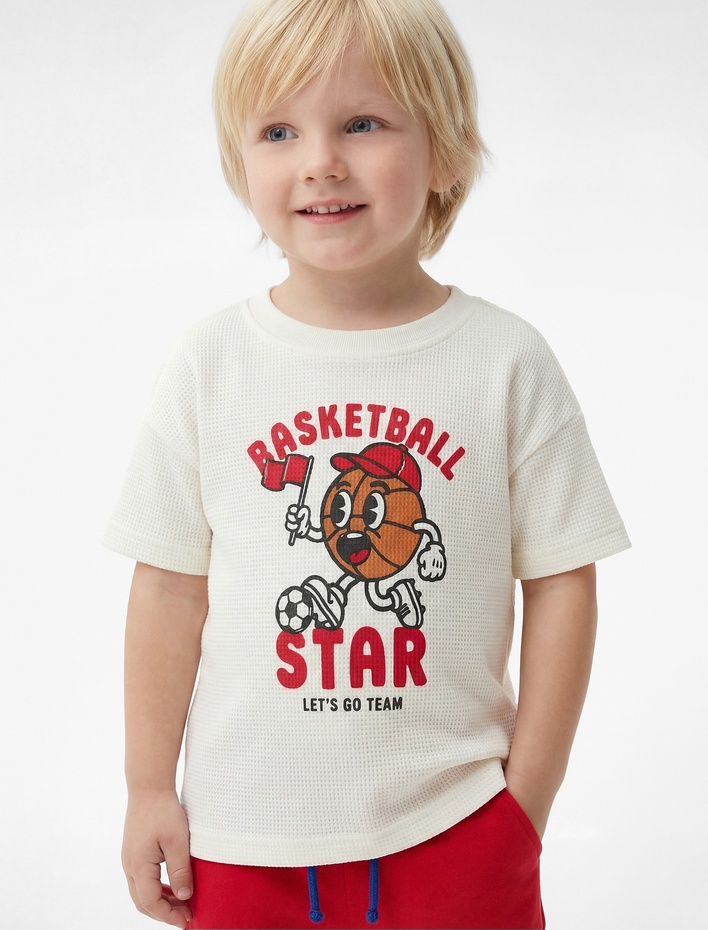 Erkek Bebek Pamuklu Kısa Kollu Bisiklet Yaka Baskılı Oversize Tişört