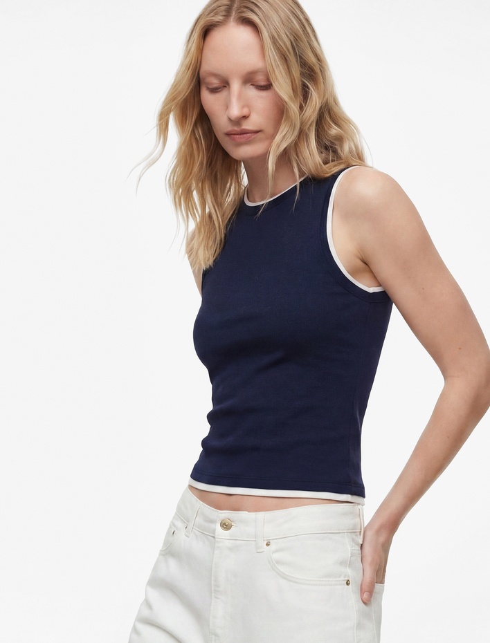  Renk Kontrastlı Katmanlı Slim Fit Bisiklet Yaka Kolsuz Fitilli Bluz