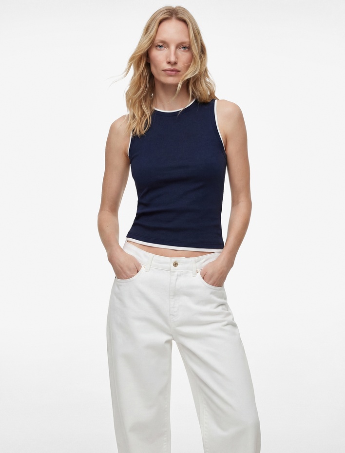 Renk Kontrastlı Katmanlı Slim Fit Bisiklet Yaka Kolsuz Fitilli Bluz
