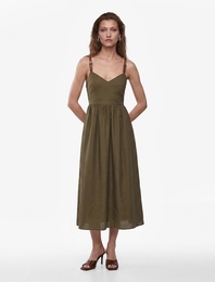 Bol Kalıp V Yaka Cepli Ayarlanabilir Askılı Modal Midi Elbise