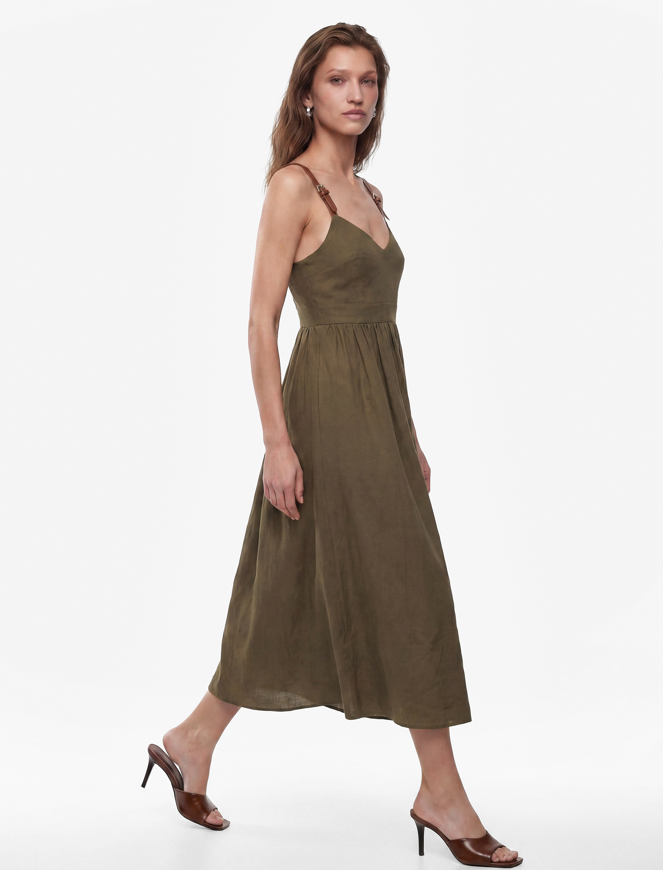   Bol Kalıp V Yaka Cepli Ayarlanabilir Askılı Modal Midi Elbise