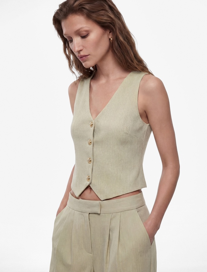  Bürümcük Kumaş Slim Fit V Yaka Düğmeli Yelek