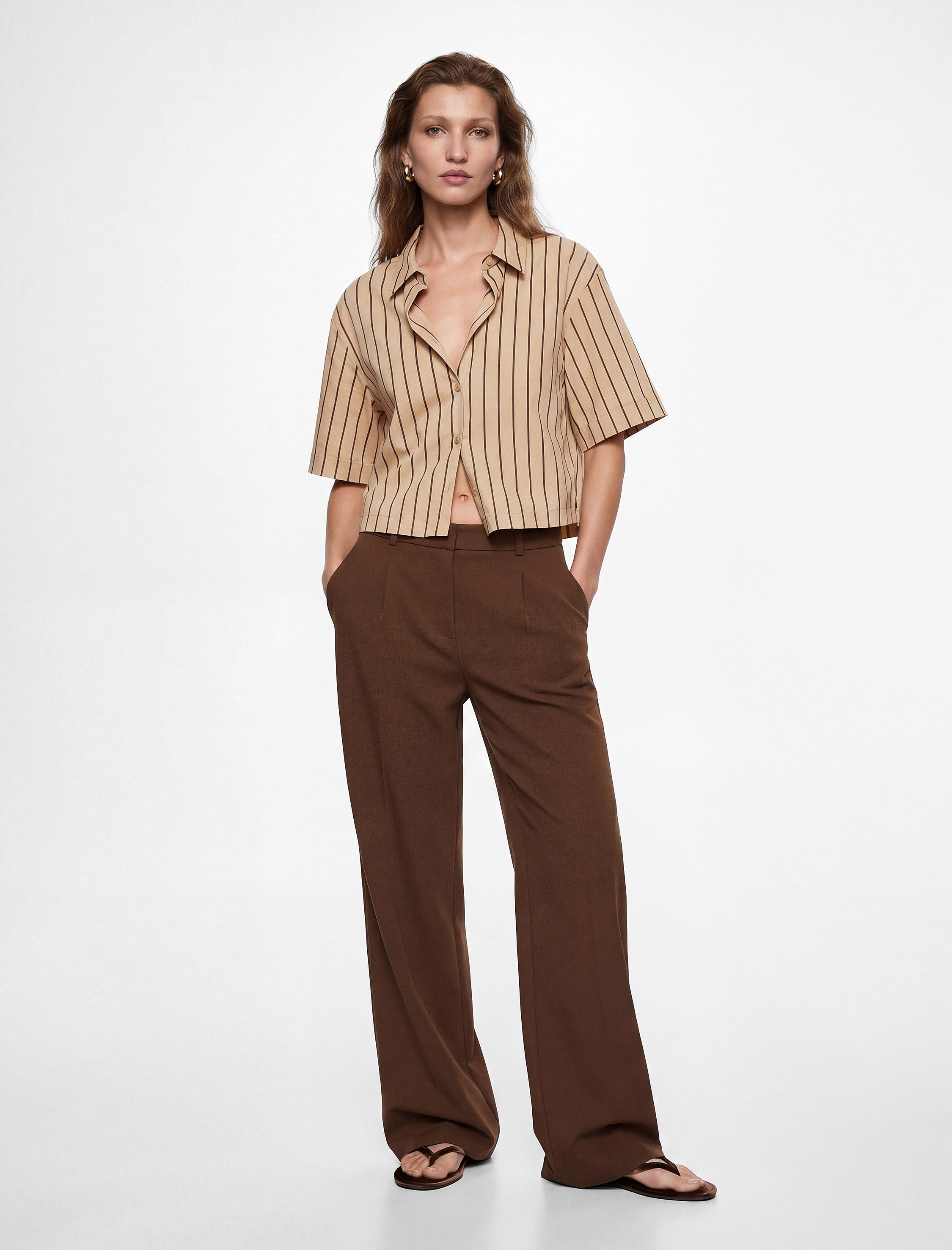   Salda Kumaş Regular Fit Kısa Kollu Çizgili Crop Gömlek