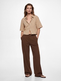 Salda Kumaş Regular Fit Kısa Kollu Çizgili Crop Gömlek