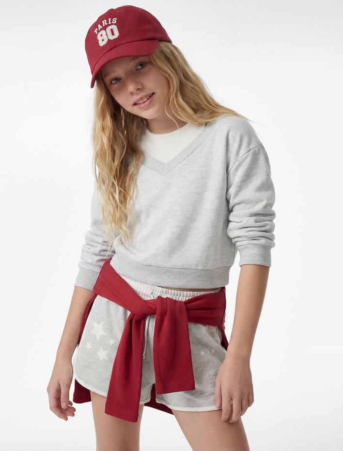 Kız Çocuk Beli Lastikli Yıldız Nakış Detaylı Şort