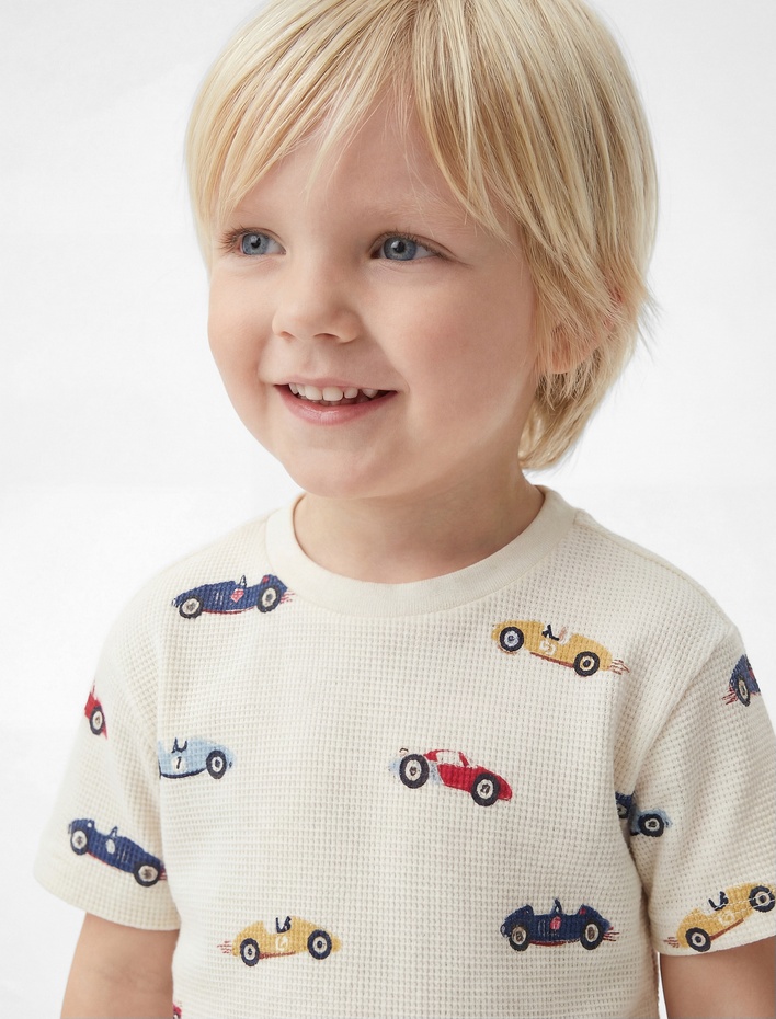 Erkek Bebek Pamuklu Araba Desenli Kısa Kollu Bisiklet Yaka Tişört