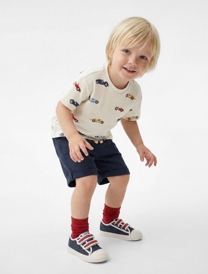 Erkek Bebek Pamuklu Araba Desenli Kısa Kollu Bisiklet Yaka Tişört