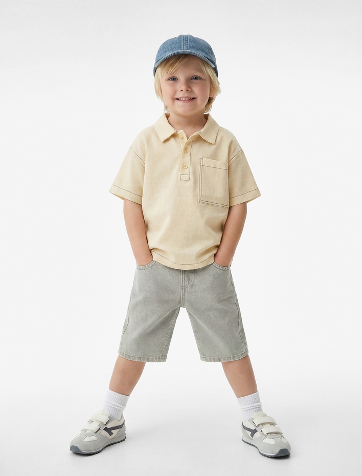 Erkek Bebek Oversize Viskon ve Keten Karışımlı Kısa Kollu Gömlek