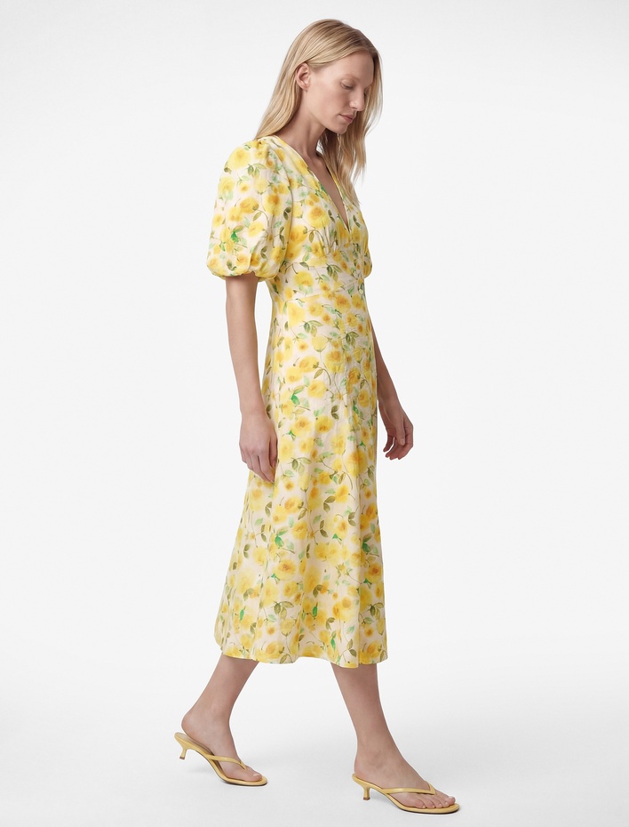  Viskon Kumaş Kısa Balon Kollu V Yaka Gül Baskılı Çiçekli Midi Boy Elbise