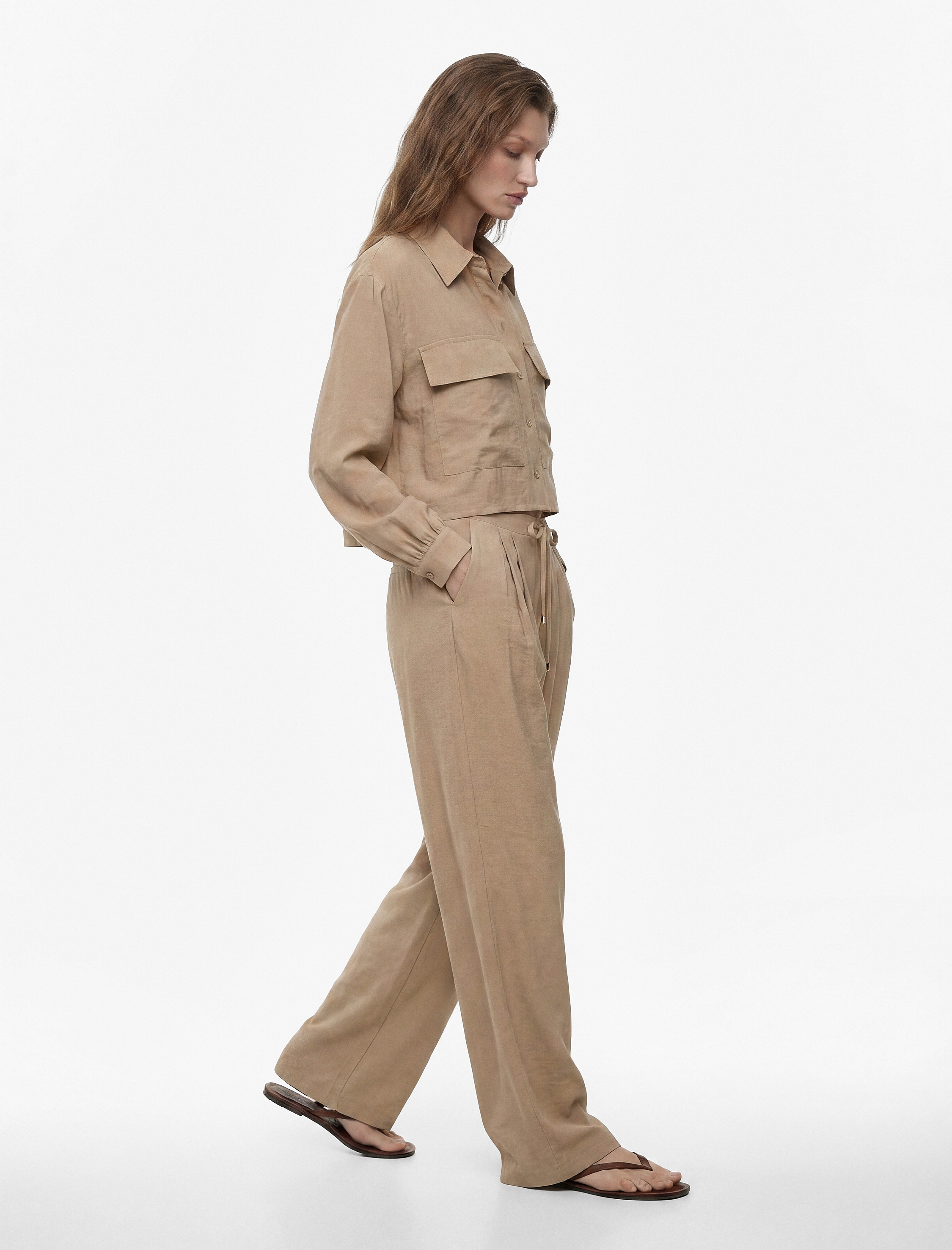  Modal Kumaş Beli Bağlamalı Pileli Straight Fit Geniş Paça Palazzo Pantolon