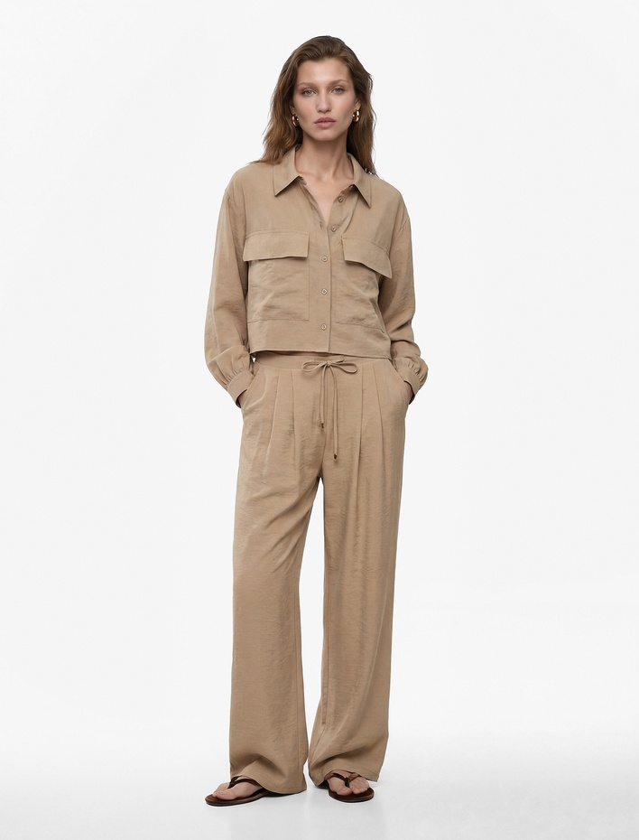  Modal Kumaş Beli Bağlamalı Pileli Straight Fit Geniş Paça Palazzo Pantolon