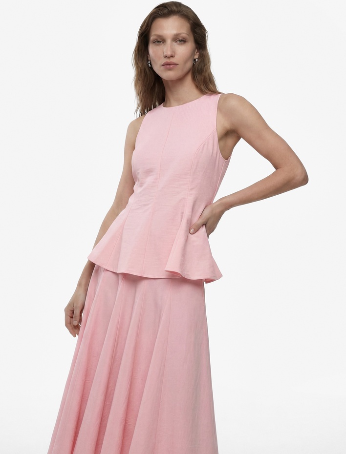  Pamuklu Slim Fit Bisiklet Yaka Kolsuz Peplum Bluz