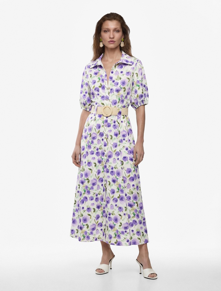  Düğmeli Kemer Detaylı Kısa Balon Kollu Uzun Çiçekli Poplin Gömlek Elbise