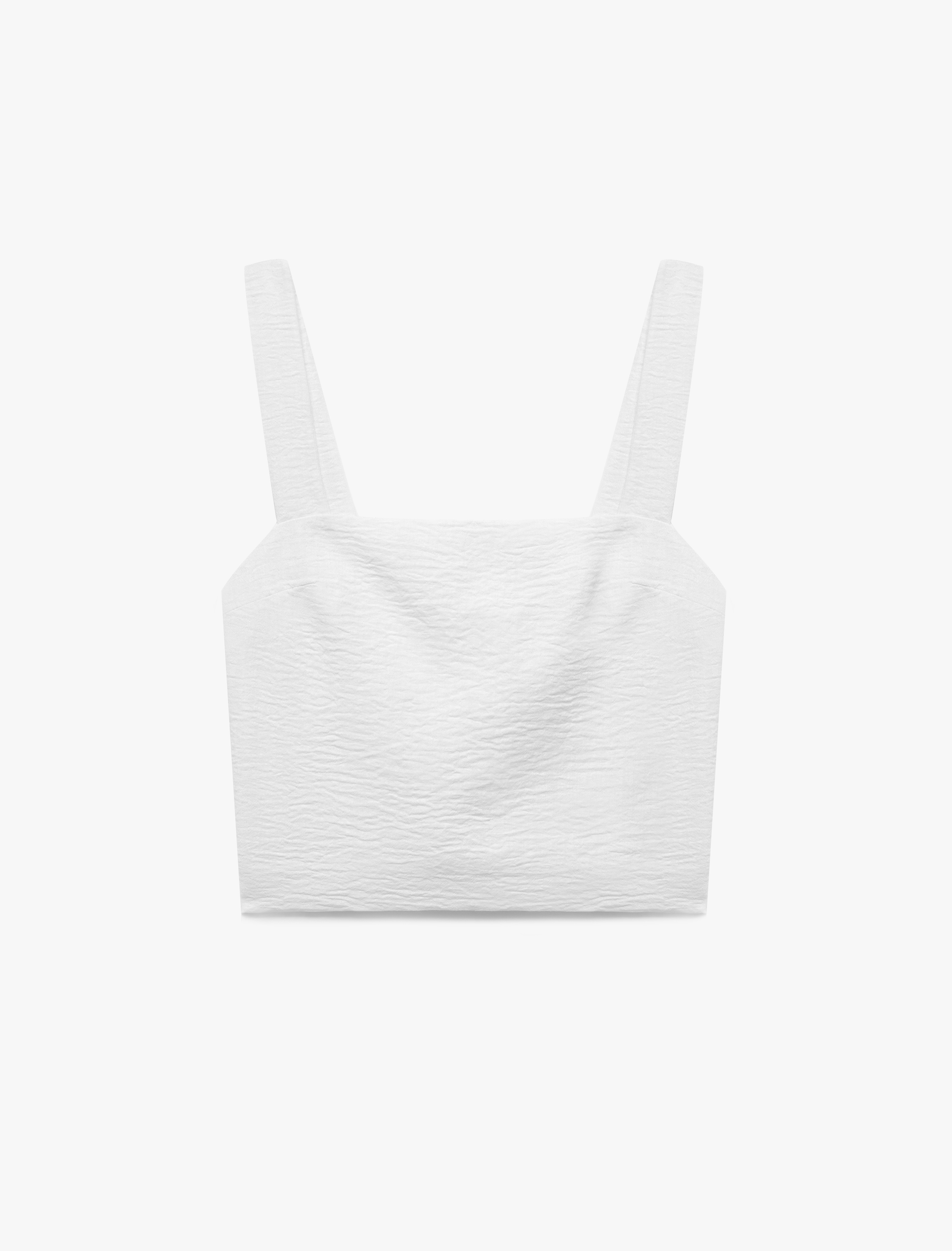   Kare Yaka Düğme Detaylı Kalın Askılı Keten Karışımlı Crop Bluz