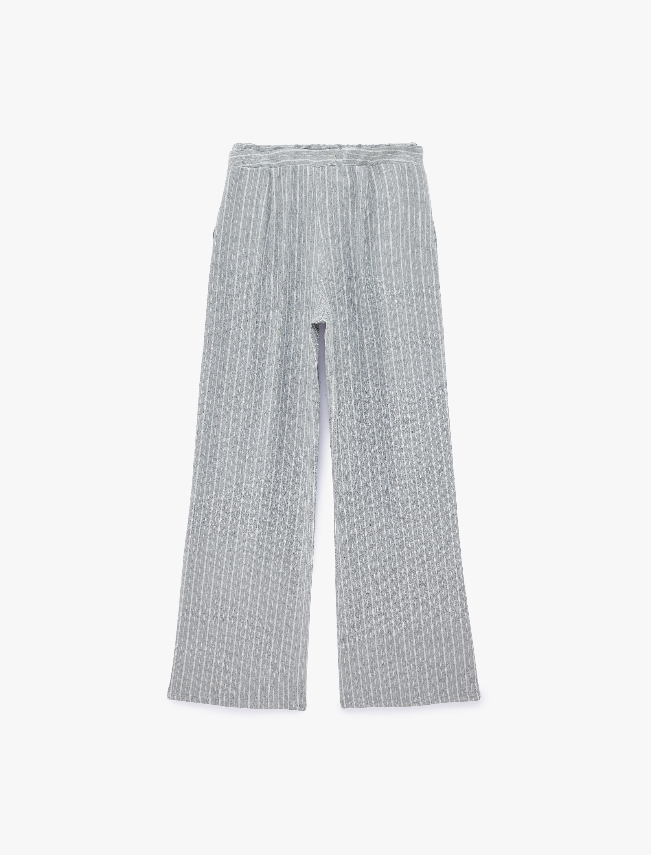   Viskon Karışımlı Cepli Pile Detaylı Düz Bol Paça Çizgili Kumaş Pantolon