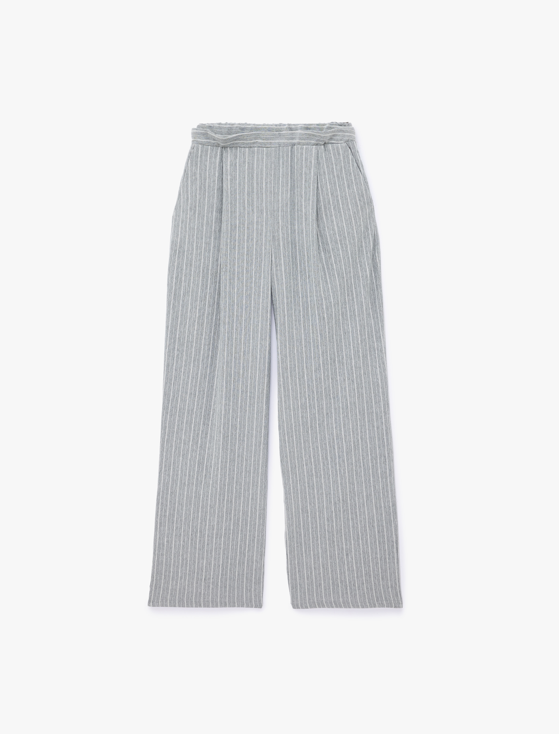   Viskon Karışımlı Cepli Pile Detaylı Düz Bol Paça Çizgili Kumaş Pantolon