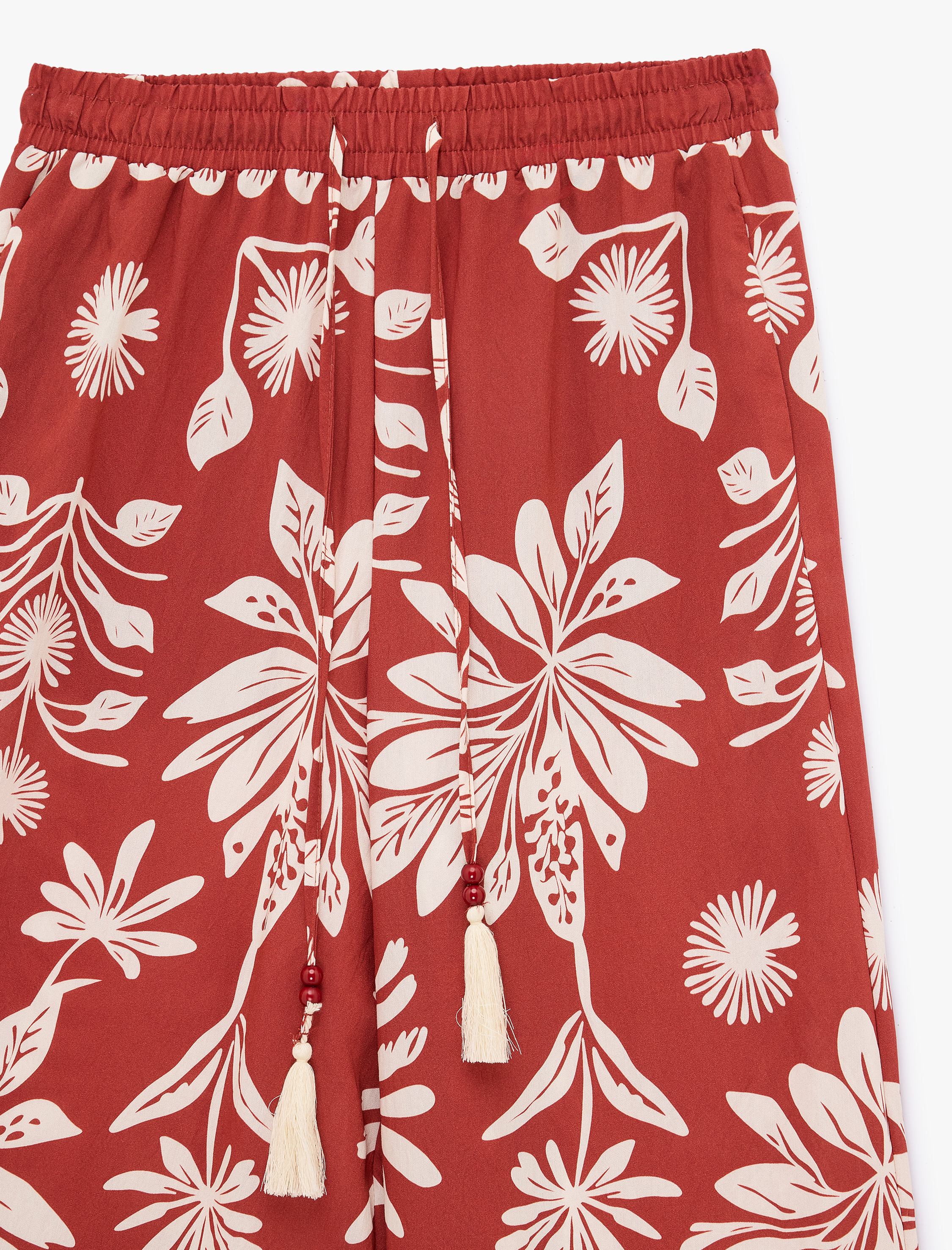   Viskon Salda Kumaş Cepli Floral Desenli Bol Paça Pantolon