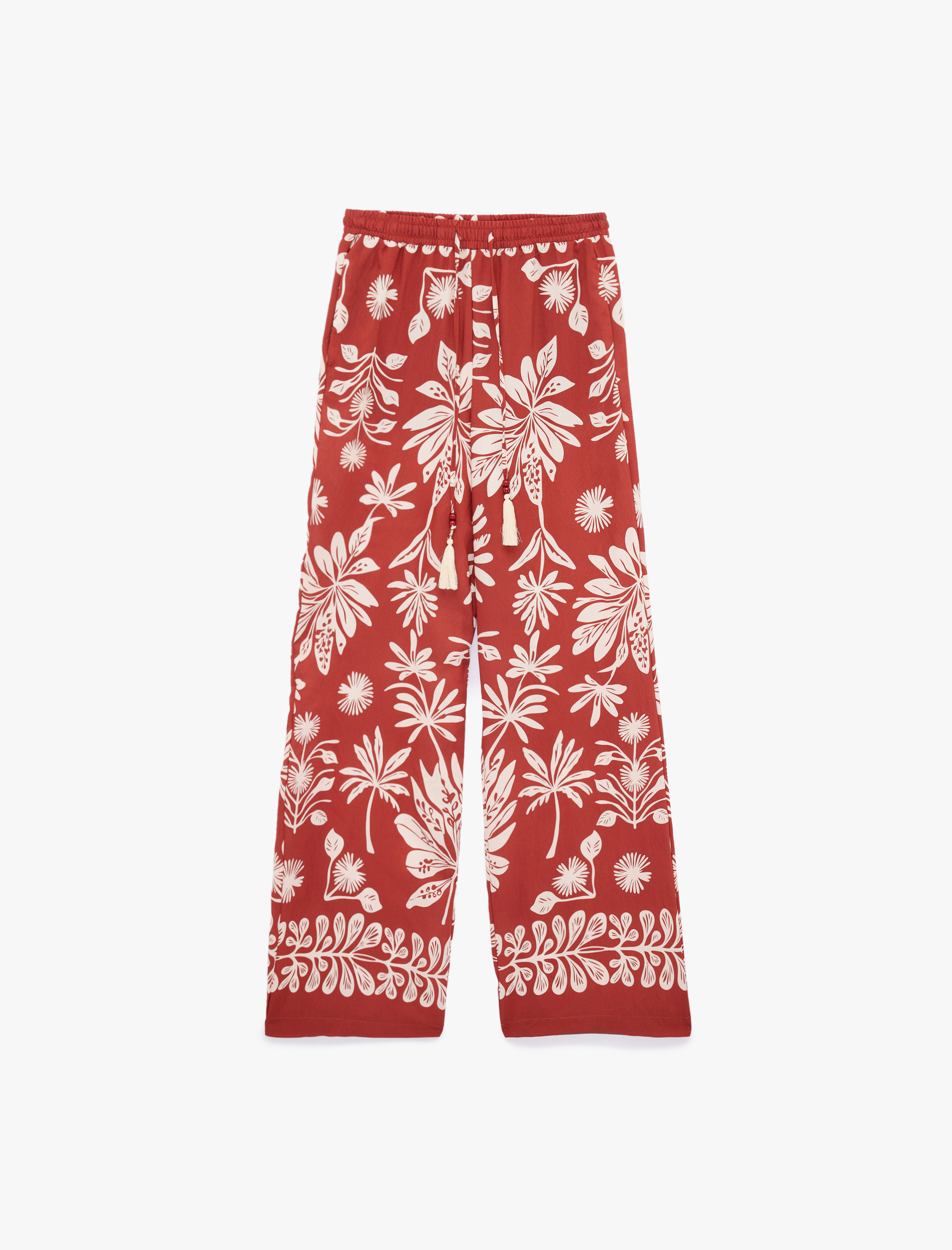   Viskon Salda Kumaş Cepli Floral Desenli Bol Paça Pantolon