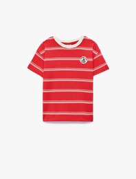 Pamuklu Kısa Kollu Bisiklet Yaka Oversize Çizgili Tişört