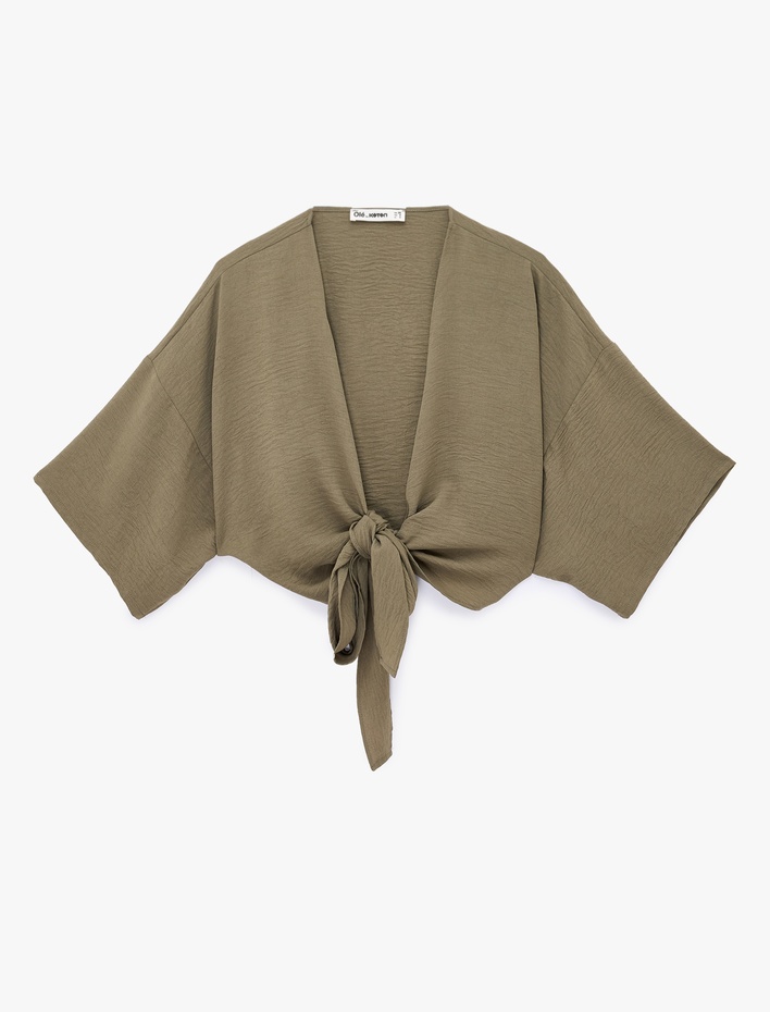  Kısa Kollu Kruvaze Yaka Bağlamalı Crop Oversize Kimono