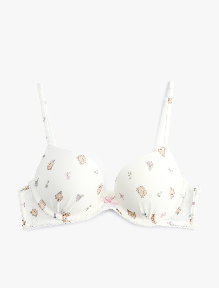  Destekli Fiyonk Detaylı Ekstra Dolgulu Ayıcık Desenli Sütyen