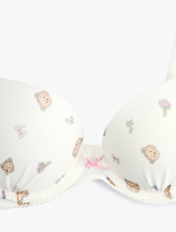  Destekli Fiyonk Detaylı Ekstra Dolgulu Ayıcık Desenli Sütyen