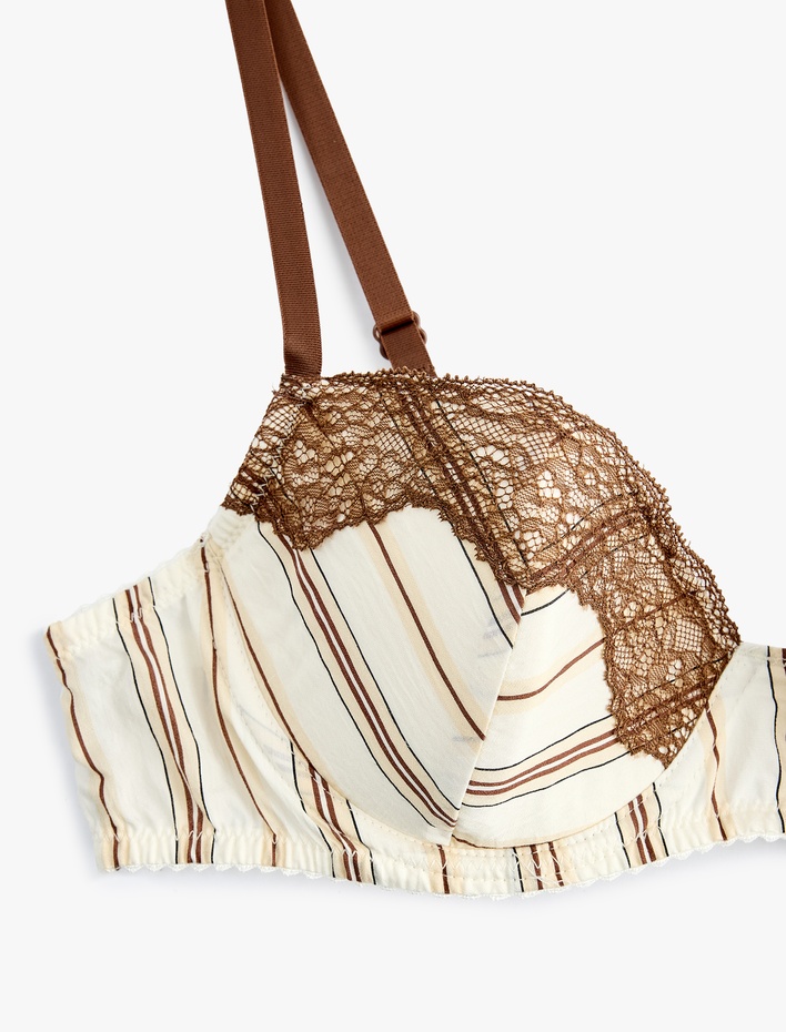  Viskon Dantel Detaylı Desteksiz Balenli Çizgili Sütyen