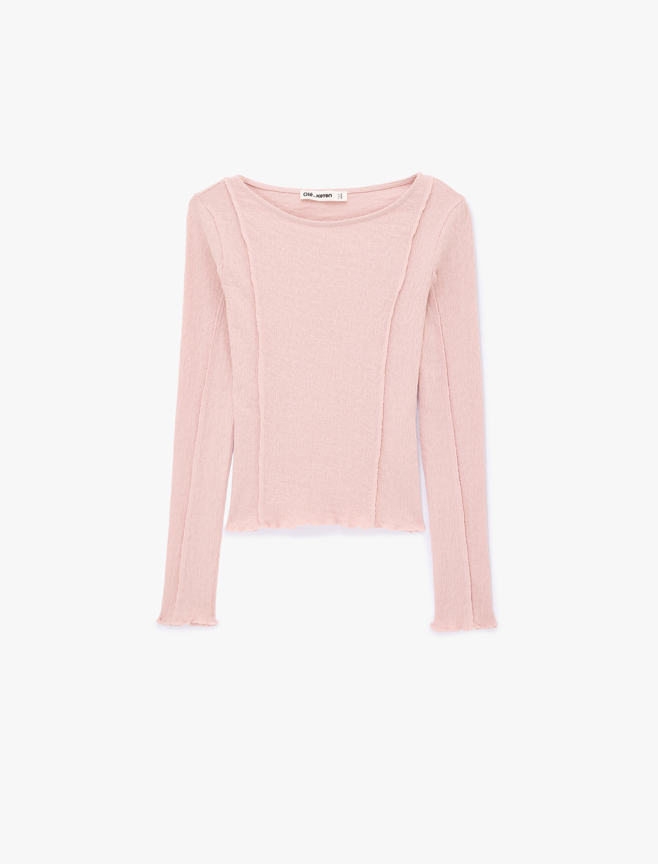   Pamuklu Nervürlü Slim Fit Kayık Yaka Uzun Kollu Tişört