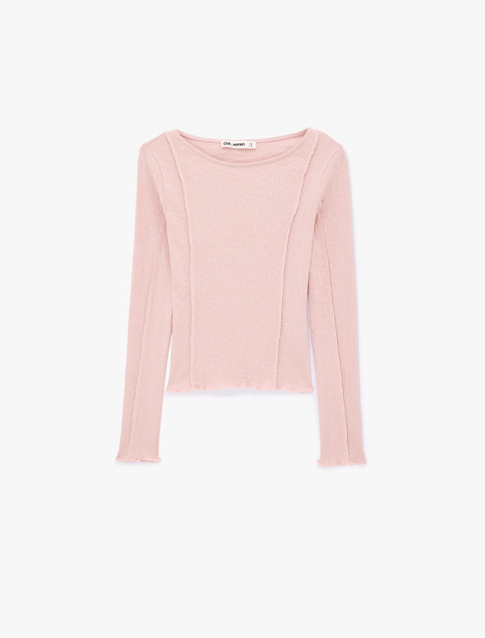  Pamuklu Nervürlü Slim Fit Kayık Yaka Uzun Kollu Tişört