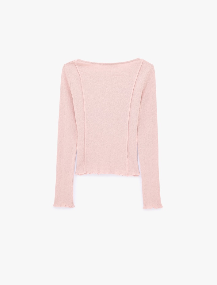  Pamuklu Nervürlü Slim Fit Kayık Yaka Uzun Kollu Tişört