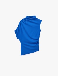 Slim Fit Asimetrik Kesim Drapeli Dik Yaka Bluz