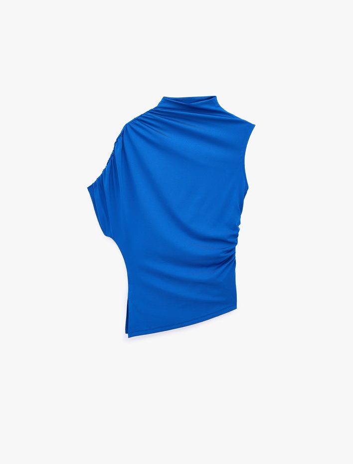  Slim Fit Asimetrik Kesim Drapeli Dik Yaka Bluz