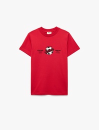 Pamuklu Kısa Kollu Bisiklet Yaka Baskılı Tişört