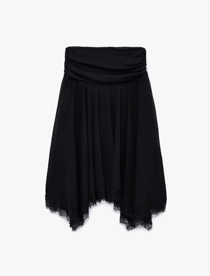  Dantel Detaylı Asimetrik Slim Fit Midi Etek