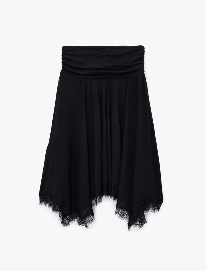  Dantel Detaylı Asimetrik Slim Fit Midi Etek