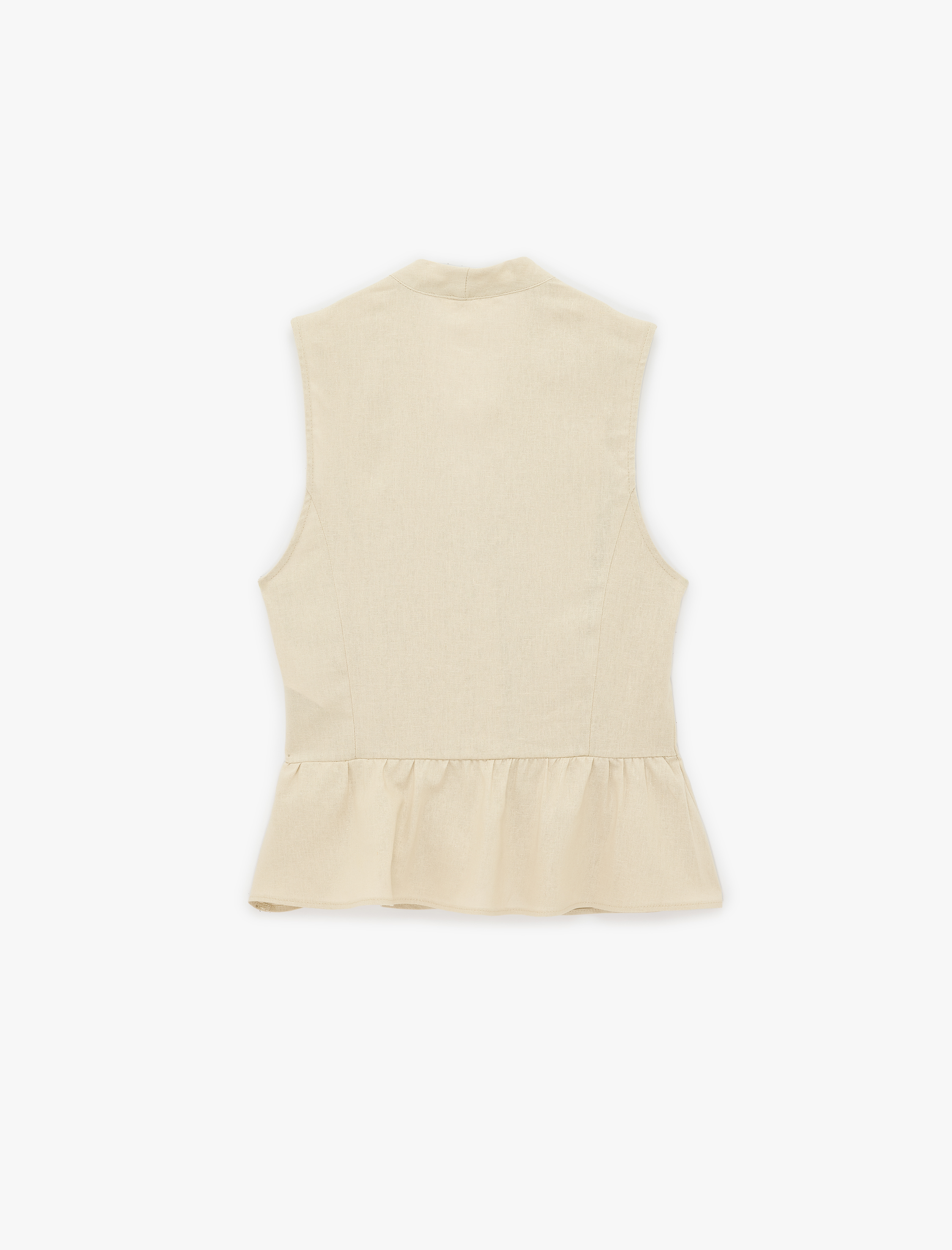   Düğmeli Kolsuz V Yaka Fırfırlı Peplum Keten Bluz